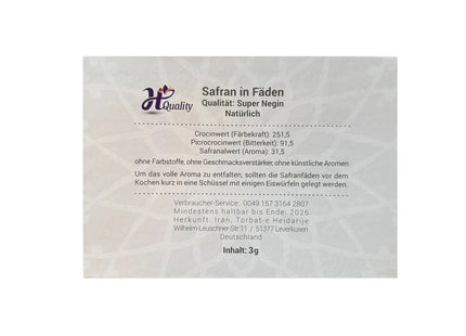 Super Negin Safran 3g Etikett mit ISO 3632 Laborwerten – Crocinwert Safranalwert Picrocroc